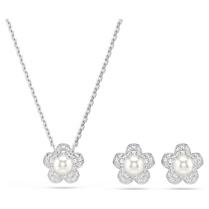 Ariana Grande X Swarovski-sæt med krystalperler, rundslibning, blomst, hvid, rhodineret Ariana Grande X Swarovski-sæt med krystalperler, rundslibning, blomst, hvid, rhodineret