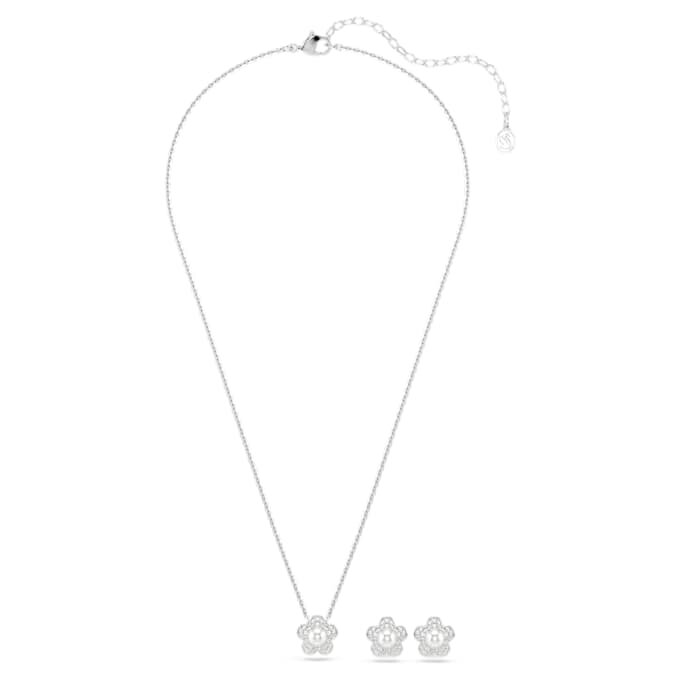 Ariana Grande X Swarovski-sæt med krystalperler, rundslibning, blomst, hvid, rhodineret Ariana Grande X Swarovski-sæt med krystalperler, rundslibning, blomst, hvid, rhodineret