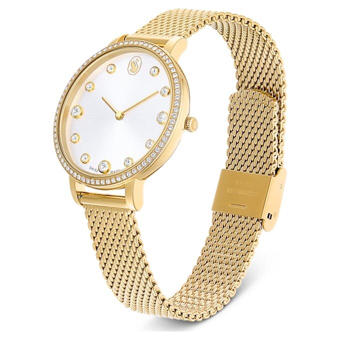 Clarica-ure, fremstillet i Schweiz, metalarmbånd, guldfarvet, guldfarvet finish Clarica-ure, fremstillet i Schweiz, metalarmbånd, guldfarvet, guldfarvet finish