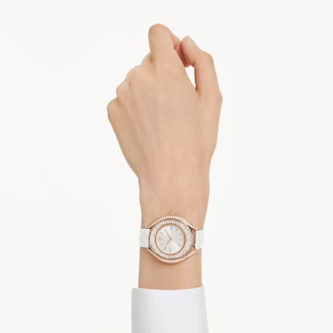 Crystalline Aura-ur, fremstillet i Schweiz, læderrem, hvid, rosaguld-farvet finish Crystalline Aura-ur, fremstillet i Schweiz, læderrem, hvid, rosaguld-farvet finish