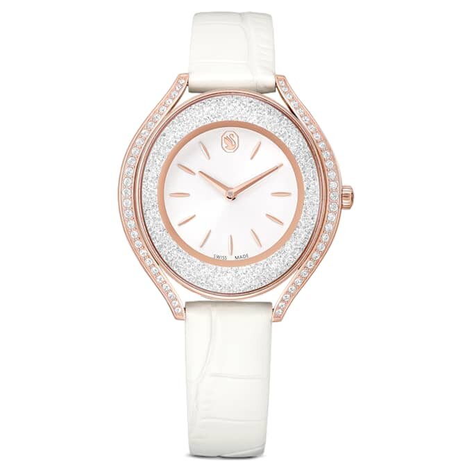 Crystalline Aura-ur, fremstillet i Schweiz, læderrem, hvid, rosaguld-farvet finish Crystalline Aura-ur, fremstillet i Schweiz, læderrem, hvid, rosaguld-farvet finish