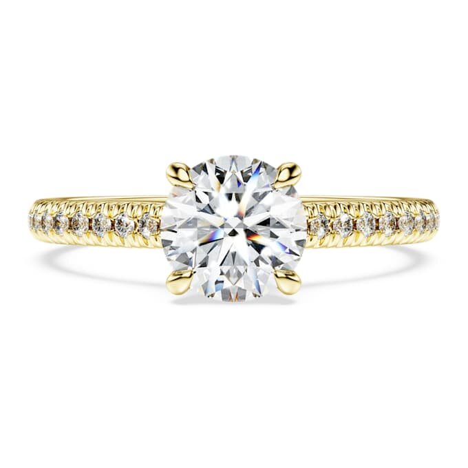 Eternity-solitaire-ring med laboratoriefremstillede diamanter på i alt 1,2 ct, rund form, 14K gult guld Eternity-solitaire-ring med laboratoriefremstillede diamanter på i alt 1,2 ct, rund form, 14K gult guld