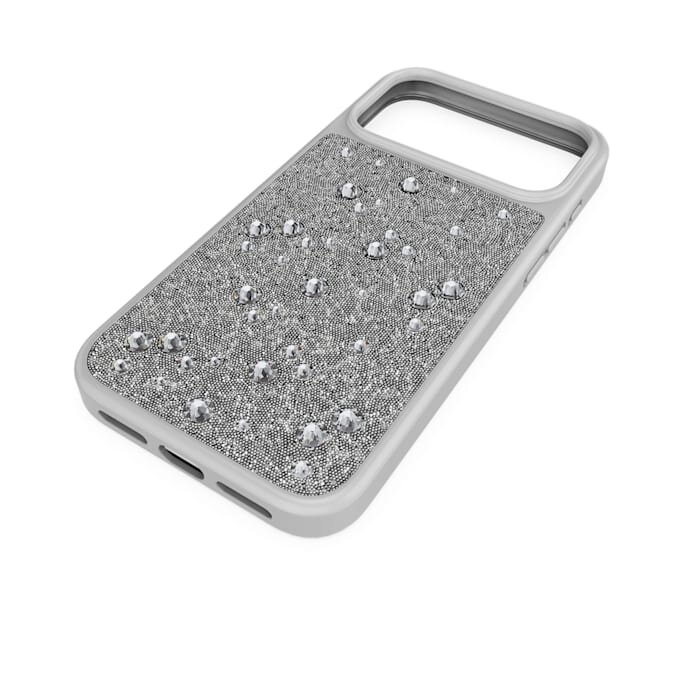 Høj smartphone-etui med flade krystaller, iPhone® 17 Pro Max, sølvfarvet Høj smartphone-etui med flade krystaller, iPhone® 17 Pro Max, sølvfarvet
