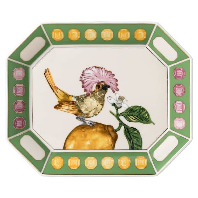 Idyllia-bakke i porcelæn, krystalprint-motiv, fluesnapper, stor, flerfarvet Idyllia-bakke i porcelæn, krystalprint-motiv, fluesnapper, stor, flerfarvet