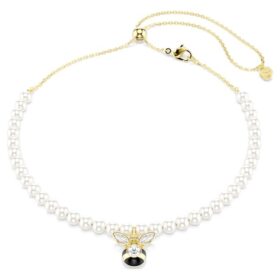 Idyllia choker med krystalperler, blandede slibninger, bi, hvid, forgyldt
