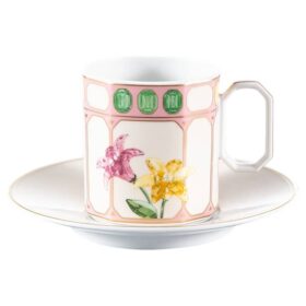Idyllia kaffekop med underkop i porcelæn, krystalprint-motiv, blomster, flerfarvet
