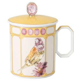 Idyllia-krus i porcelæn, krystalprint-motiv, finker, gul