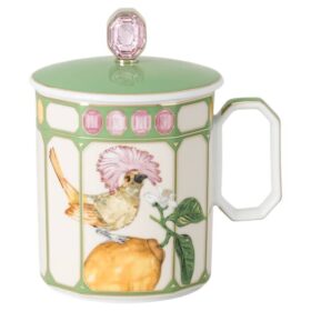 Idyllia-krus i porcelæn, krystalprint-motiv, fluesnapper, grøn