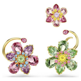 Idyllia ørecuff-sæt (3), asymmetrisk design, blandede slibninger, blomster, flerfarvet, guldbelagt