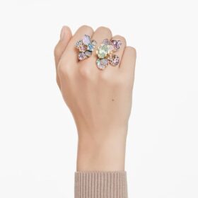 Idyllia-ring med blandede slibninger, pavé, blomst, flerfarvet, guldbelagt