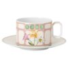 Idyllia tekop med underkop i porcelæn, krystalprint-motiv, buket, flerfarvet