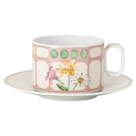 Idyllia tekop med underkop i porcelæn, krystalprint-motiv, buket, flerfarvet