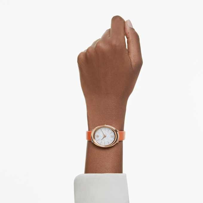 Imber Oval-ur, Swiss Made, læderrem, orange, rosaguld-farvet finish Imber Oval-ur, Swiss Made, læderrem, orange, rosaguld-farvet finish