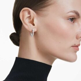 Matrix hoop-øreringe med krystalperler, rundslibede, hvide, rhodiumbelagte