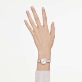 Matrix Pearl Bangle-armbåndur, fremstillet i Schweiz, krystalarmbånd, hvidt, rosaguld-farvet finish