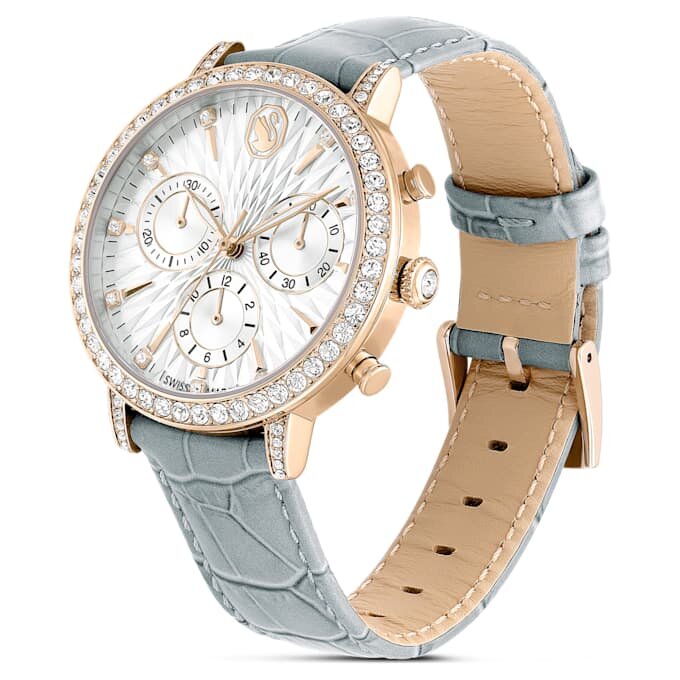 Matrix Tennis Chrono-ure, Swiss Made, læderrem, grå, champagneguld-farvet finish Matrix Tennis Chrono-ure, Swiss Made, læderrem, grå, champagneguld-farvet finish