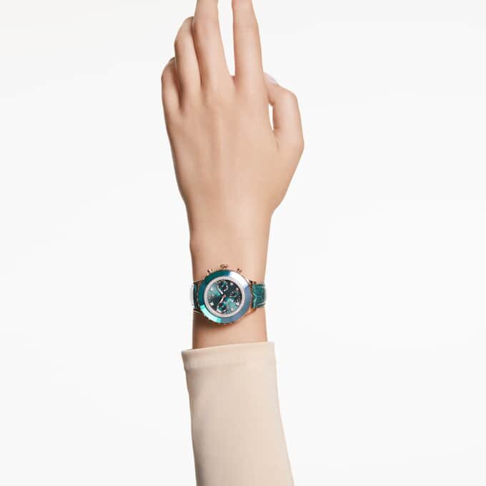 Octea Chrono-ure, fremstillet i Schweiz, læderrem, grøn, rosaguld-farvet finish Octea Chrono-ure, fremstillet i Schweiz, læderrem, grøn, rosaguld-farvet finish