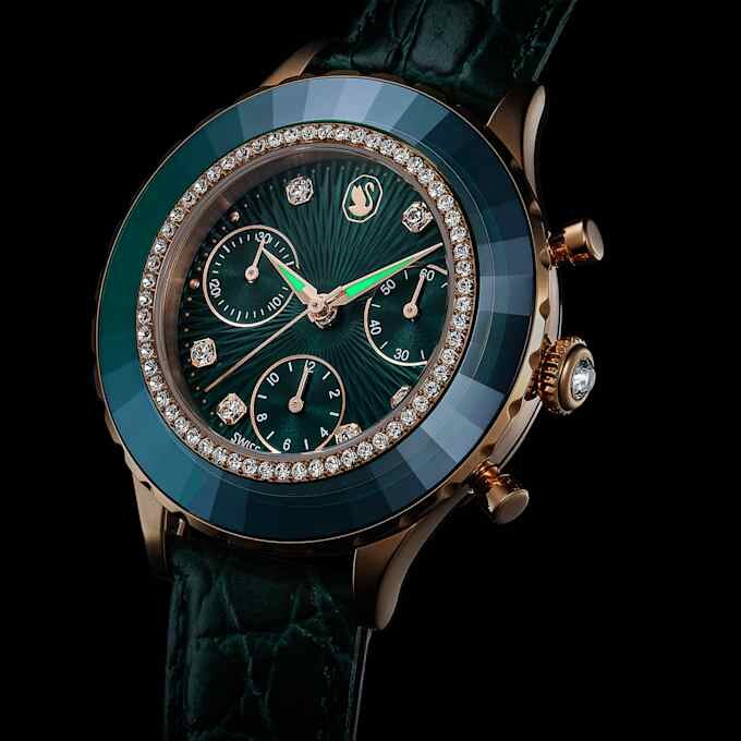 Octea Chrono-ure, fremstillet i Schweiz, læderrem, grøn, rosaguld-farvet finish Octea Chrono-ure, fremstillet i Schweiz, læderrem, grøn, rosaguld-farvet finish