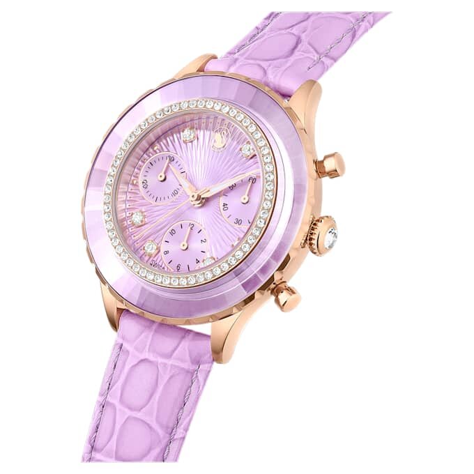 Octea Chrono-ure, Swiss Made, læderrem, lilla, rosaguld-farvet finish Octea Chrono-ure, Swiss Made, læderrem, lilla, rosaguld-farvet finish