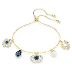 Symbolica-armbånd med krystalperle, firkløver, det onde øje og hestesko, blå, forgyldt Symbolica-armbånd med krystalperle, firkløver, det onde øje og hestesko, blå, forgyldt