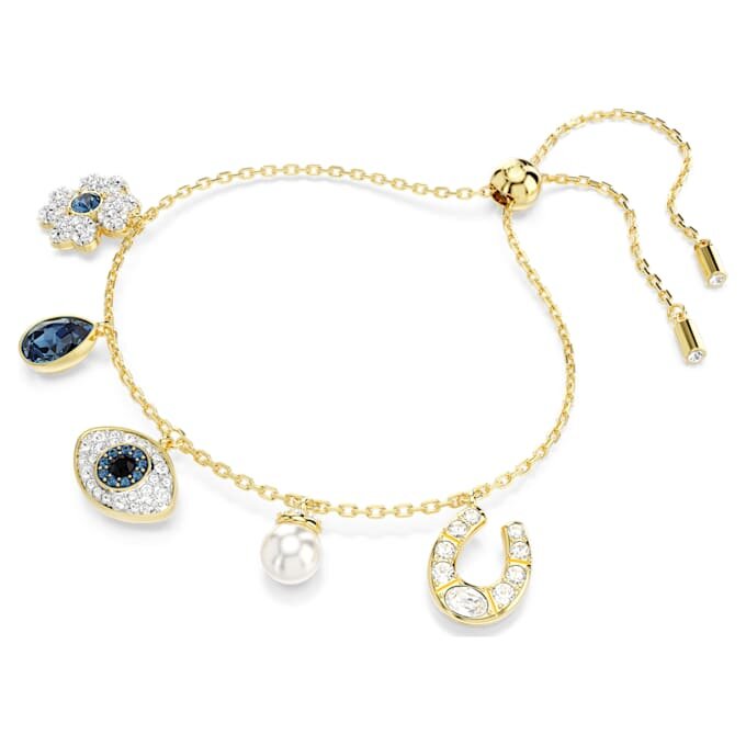 Symbolica-armbånd med krystalperle, firkløver, det onde øje og hestesko, blå, forgyldt Symbolica-armbånd med krystalperle, firkløver, det onde øje og hestesko, blå, forgyldt