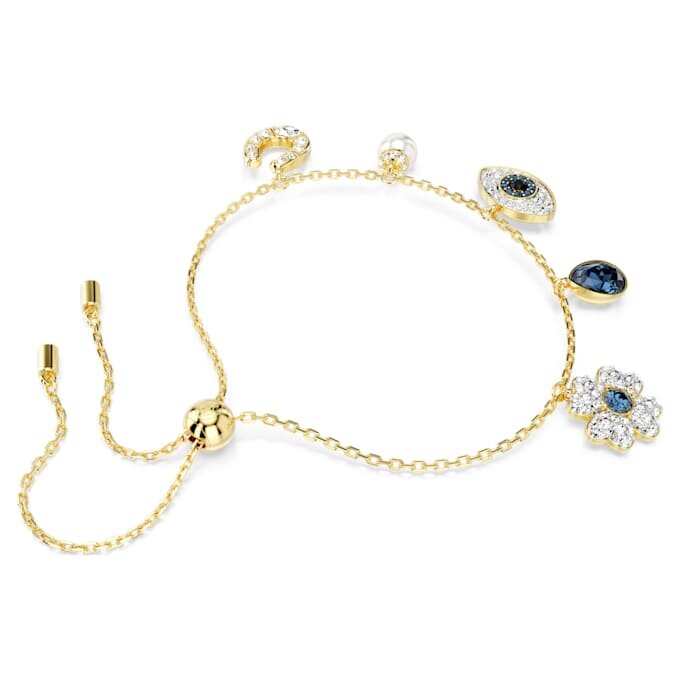 Symbolica-armbånd med krystalperle, firkløver, det onde øje og hestesko, blå, forgyldt Symbolica-armbånd med krystalperle, firkløver, det onde øje og hestesko, blå, forgyldt