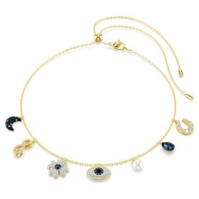 Symbolica-choker med krystalperler, måne, Infinity-tegn, firkløver, det onde øje og hestesko, blå, guldbelagt